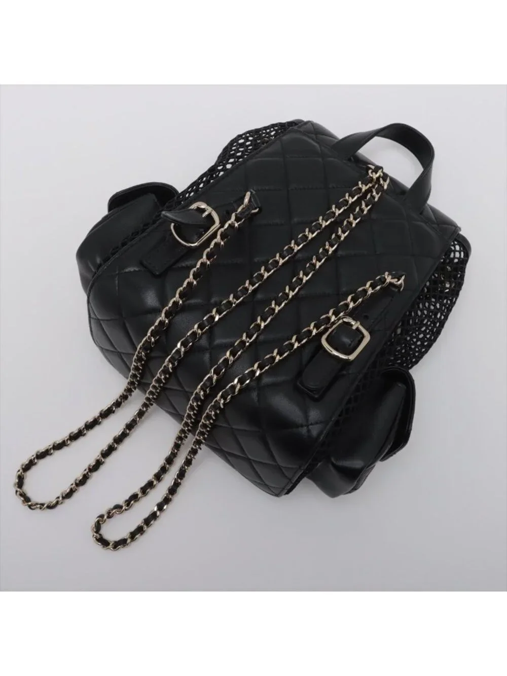 Chanel Quilted Lambskin Chain Backpack Mesh Black Gold Random Plate